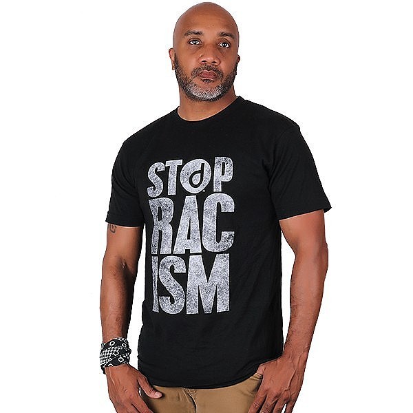 Male model in Men's Stop Racism t-shirt