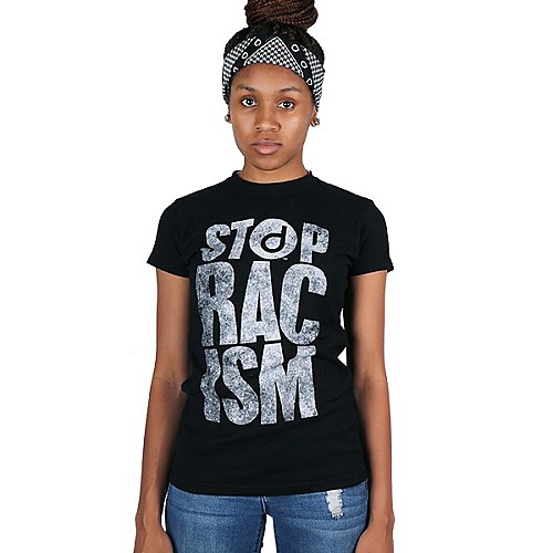 Female model in Women's Stop Racism t-shirt